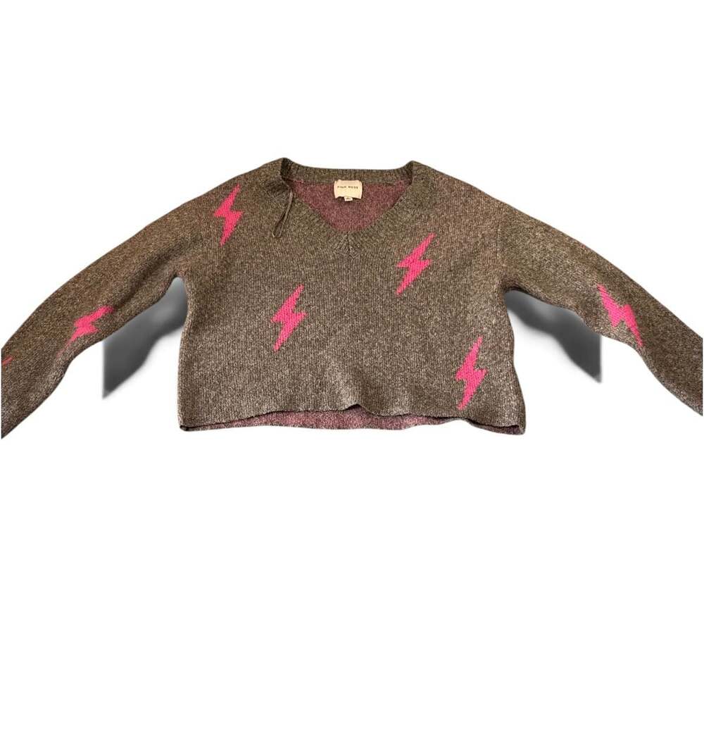 Pink Rose Gray and Pink Lightning Bolt V-Neck Cropped Sweater Size M